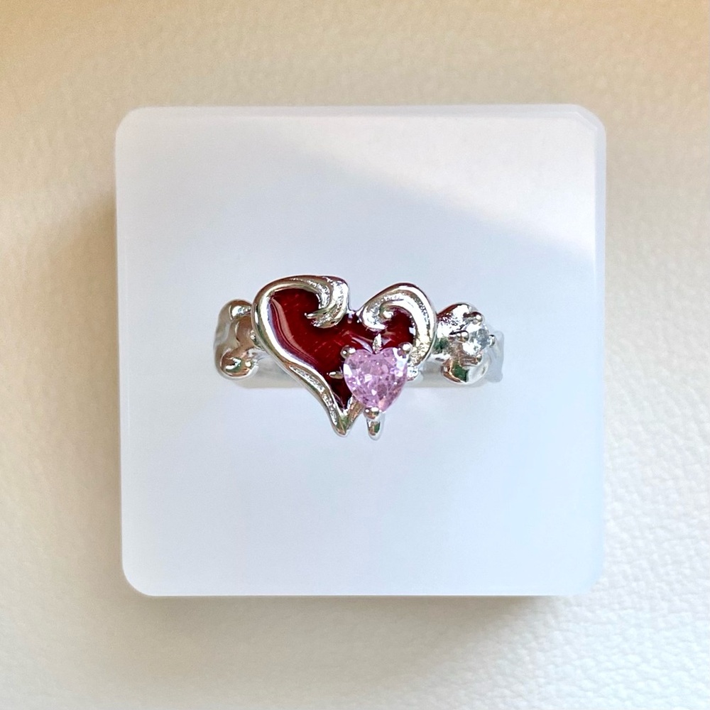 Silver red Heart Ring with Pink Gem